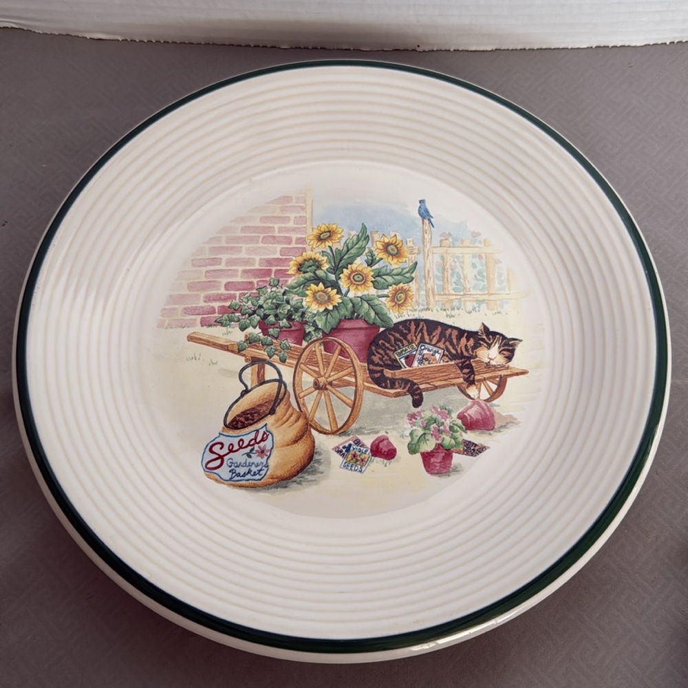 2 Century Stoneware Fun Cat Nap Decorative Large Dinner Plates Floral Kitty Cat